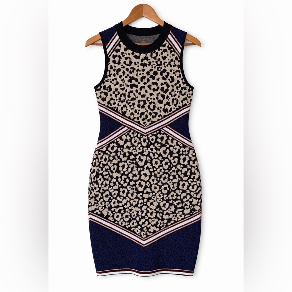 Vince Camuto Sleeveless Leopard Print Sweater Dress Size M Black Beige Blue Knit